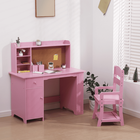 Study Desk and Chair Set for Children, Wooden Study Table for Kids with Bookshelf, Bulletin Board, Cabinets and Drawer, Pink