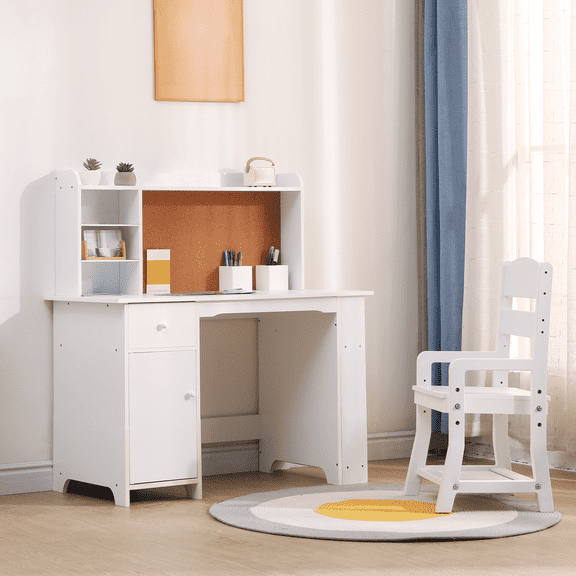 Garvee Study Desk and Chair Set for Children, Study Table for Kids - Features Bookshelf, Bulletin Board, Cabinets and Drawer, White