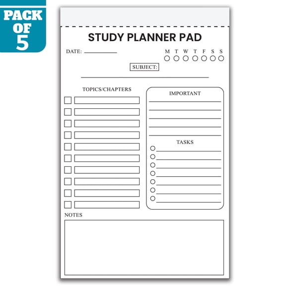 Study Planner Pad 5.5 x 8.5 Inch, Pack of 5 Study Planning Notepads, Student Study Organizer, Exam Preparation Planner, Learning Tracker, 50 Sheets Per Pad, Made in USA