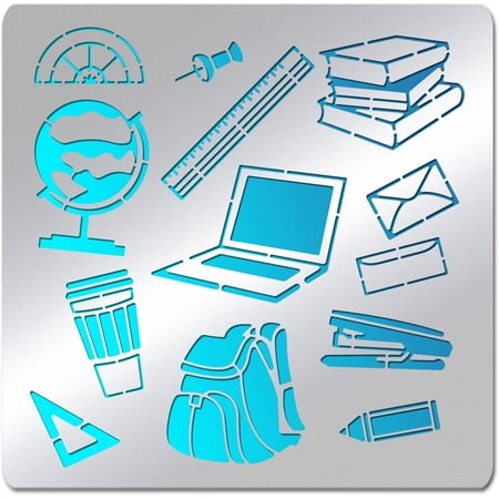 Study Stainless Steel Stencil Template 6x6 Globe School Bag Ruler Computer Metal Journal Template Tool for Graduation Back to School Drawing Painting Scrapbooking Matte Stainless Steel Color