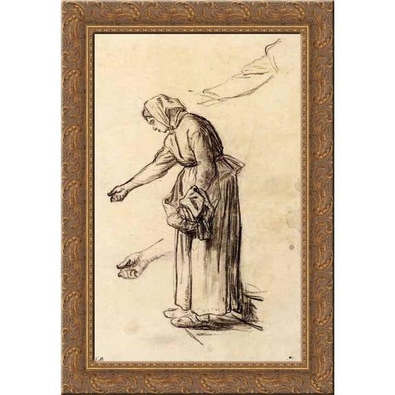 Study for a Woman Feeding Chickens 19x24 Gold Ornate Wood Framed Canvas Art by Millet, Jean Francois