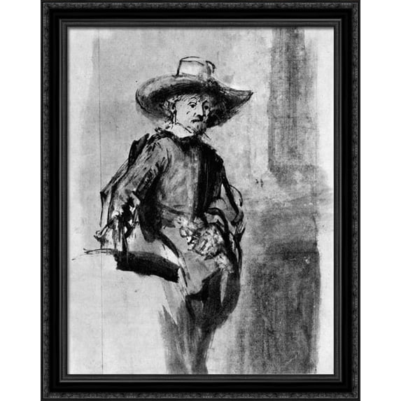 Study for one of the syndics of the Cloth Guild 28x34 Large Black Ornate Wood Framed Canvas Art by Rembrandt