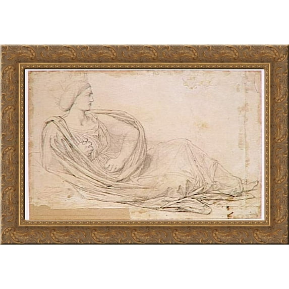 Study for the ceiling of City Hall. Figure symbolizing the city of Madrid 24x18 Gold Ornate Wood Framed Canvas Art by Jean Auguste Dominique Ingres
