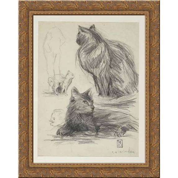 Study of Cats and Figures 24x20 Gold Ornate Wood Framed Canvas Art by Theophile Steinlen