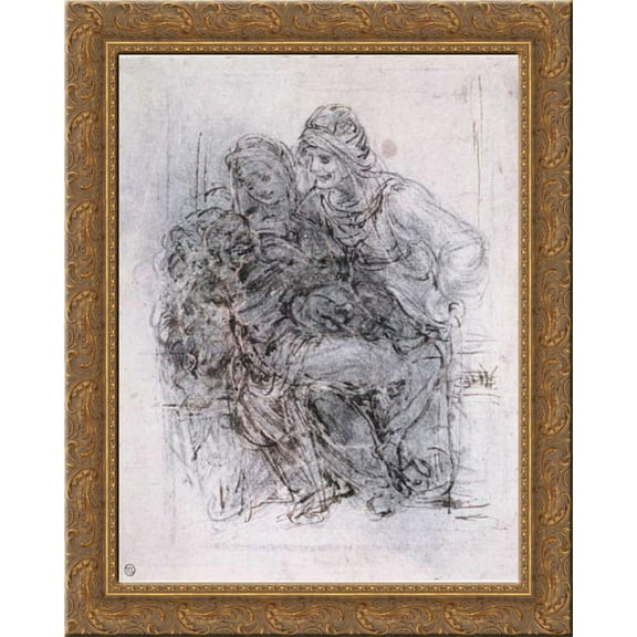 Study of St Anne, Mary and the Christ Child 20x24 Gold Ornate Wood Framed Canvas Art by Da Vinci, Leonardo