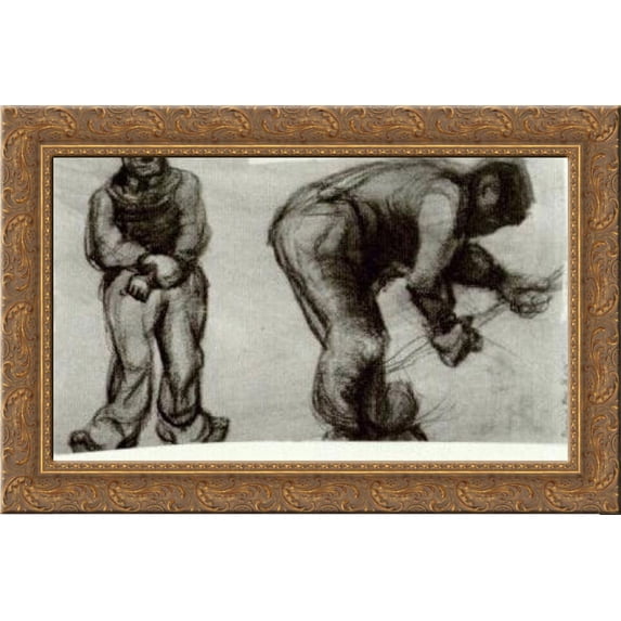 Study of Two Peasants 24x16 Gold Ornate Wood Framed Canvas Art by Vincent van Gogh