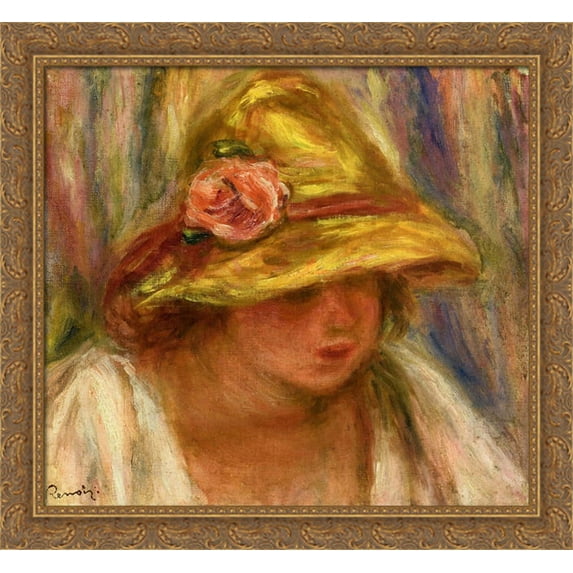 Study of a Woman in a Yellow Hat 30x28 Large Gold Ornate Wood Framed Canvas Art by Pierre Auguste Renoir