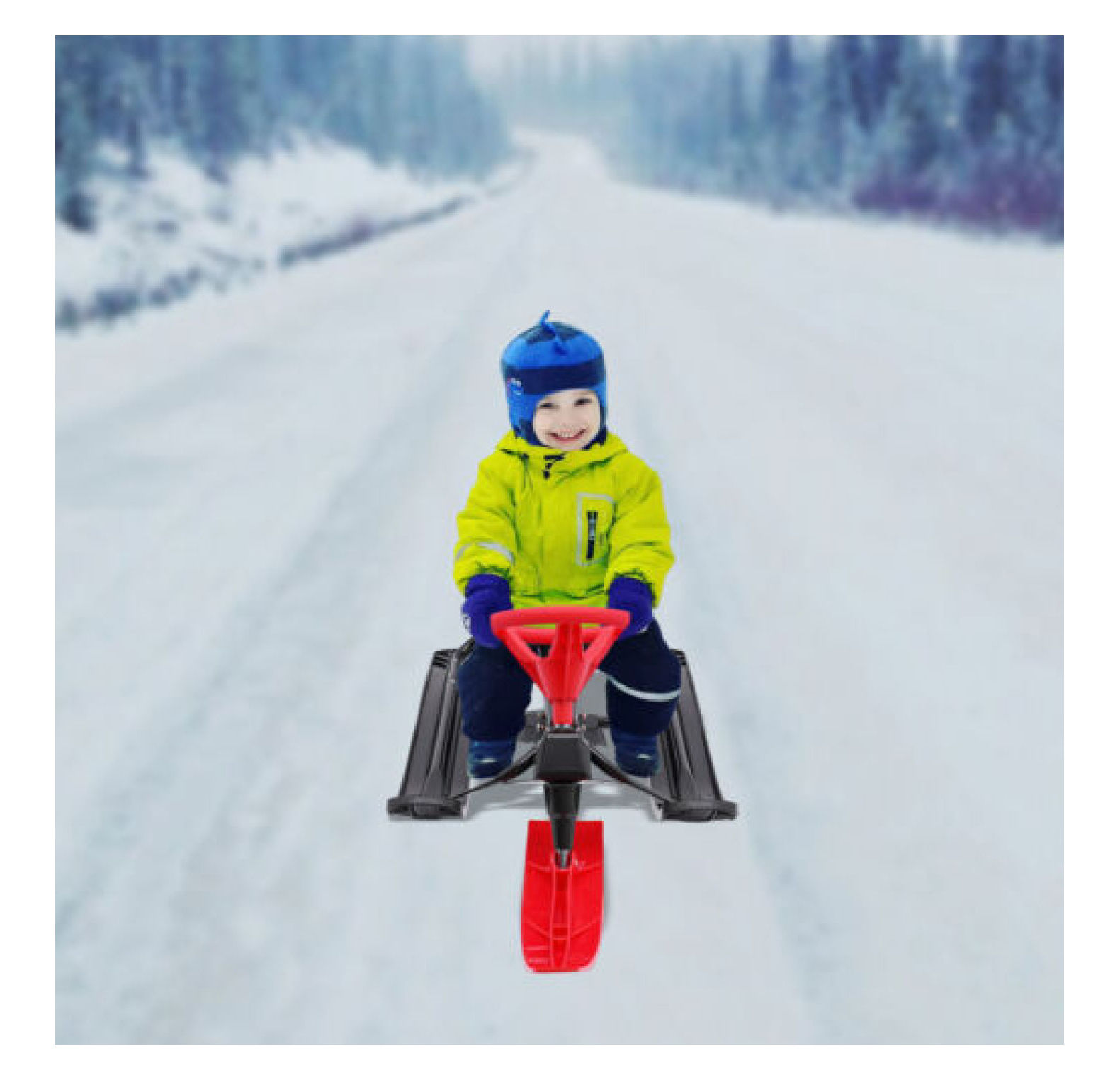 Toddler Snow Racer Studyli Black+Red Kids Snow Racer Sled w/Double Brakes Pull Rope ...