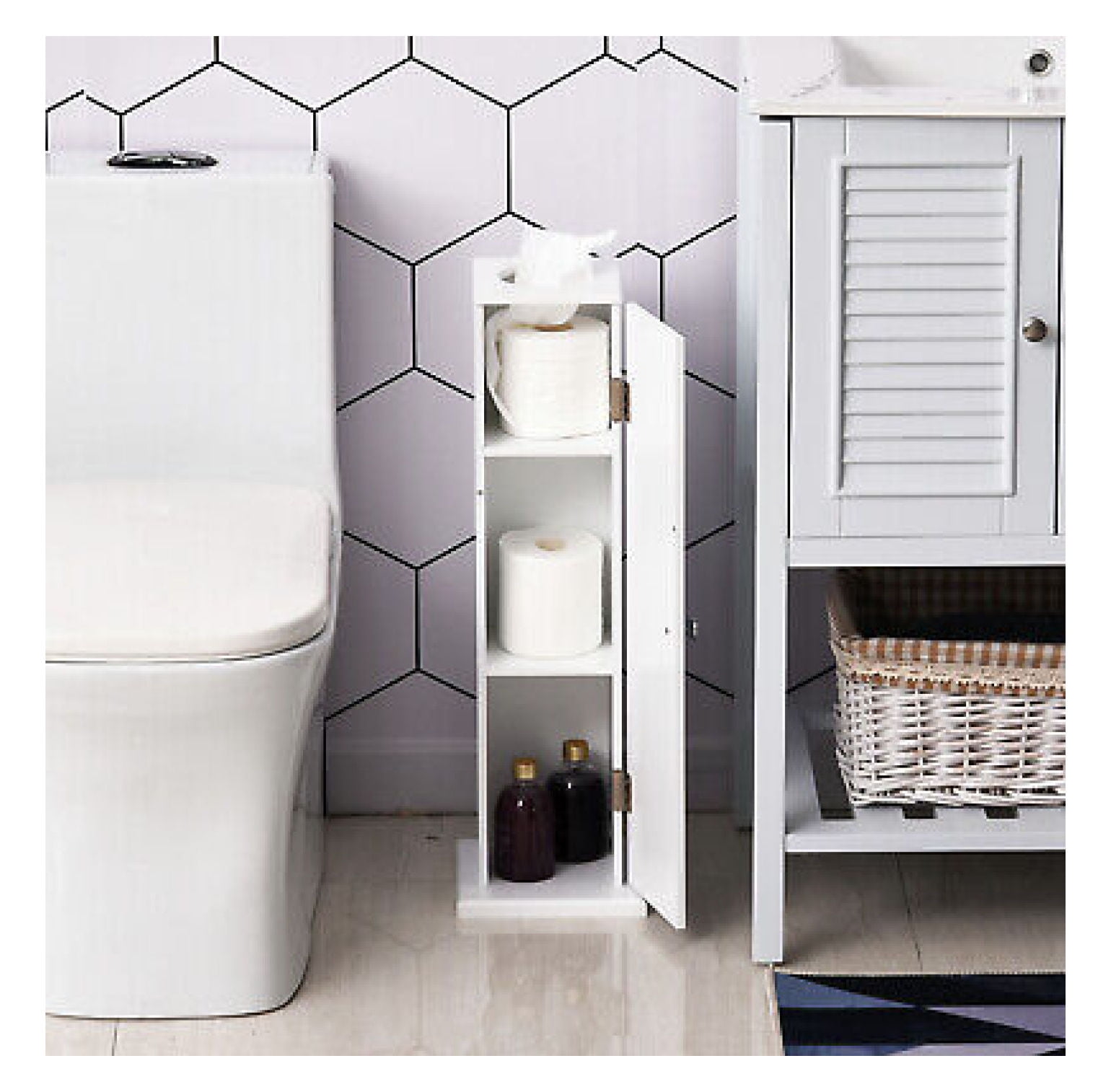 ‎Studyli Small Bathroom Corner Cabinet Floor Doors Shelves Thin Toilet Vanity White - Walmart.com