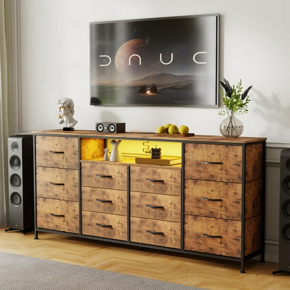 Studyset 12 Drawer Dresser TV Stand for 65 70 75 Inch TV 63" W Extra Long Dresser for Bedroom with LED Lights & Power Outlets Entertainment Center with Drawers for Bedroom,Long Fabric Drawers
