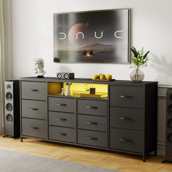 Studyset 12 Drawer Dresser TV Stand for 65 70 75 Inch TV 63" W Extra Long Dresser for Bedroom with LED Lights & Power Outlets Entertainment Center with Drawers for Bedroom,Long Fabric Drawers