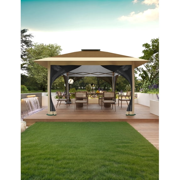 Studyset 12' x 12' Outdoor Gazebo, Heavy Duty Double Roof Patio Gazebo with Netting and Curtains, Outdoor Patio Canopy for Deck Backyard Garden Lawns, Dark Gray & Light Gray