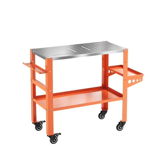 Studyset 1200 LBS Heavy-Duty Welding Table Workbench, 36" x 18" Steel Top with Lockable Caster Wheels, Tool Rack Tray 4 Tool Slots 5/8" Fixture Holes, Industrial Workbench for Welding & Repair
