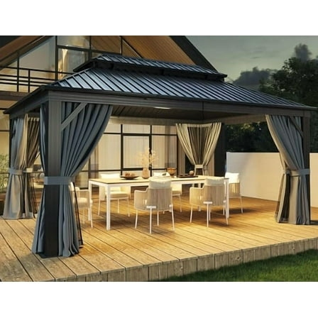 Studyset 12FT X 16FT Hardtop Gazebo, Outdoor Pergolas with Mosquito Netting and Curtains, Galvanized Steel Double Roof Permanent Aluminum Gazebo, for Gardens, Decks, Patios, Parties