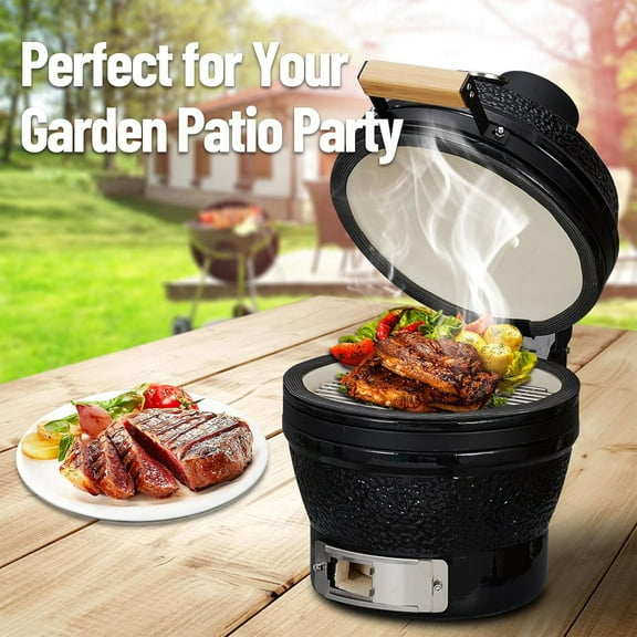 Studyset 13 Inch Portable Ceramics Charcoal Grill with Built-In Thermometer, Multifunctional Ceramic Barbecue Outdoor BBQ Egg Grills with Stand, Stainless Steel Cooking Grate and Ash Tool13 Inch Porta