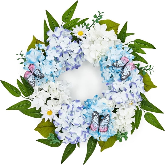 Studyset 20" Spring Summer Wreaths, Spring Summer Wreath, Artificial Blue White Hydrangeas Floral Wreath with Butterfly Daisy for Easter Wedding Farmhouse Porch Wall Decor