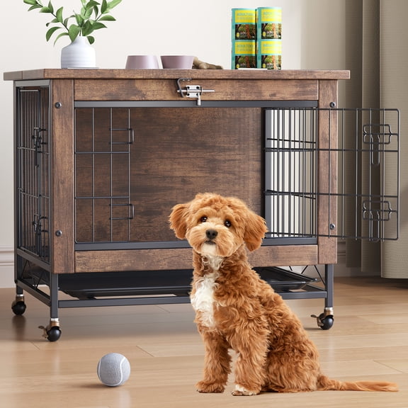 Studyset 26'' Wooden Dog Crate Furniture with Wheels for Small Dogs, Wooden Kennel Furniture, End Table Dog Cage, Indoor Small Dog Crates with 2 Doors, Steel-Tube End Side Table Kennel Furniture