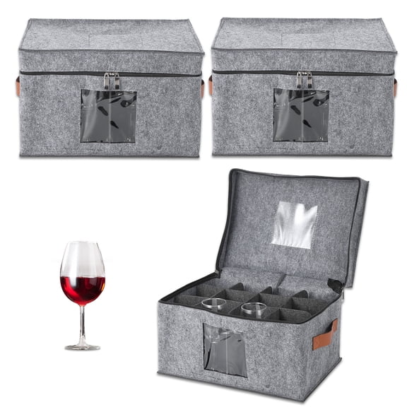 Studyset 3-Pack 12-Compartment Stemware Organizers with Lid, Felt Wine Glass Storage Box, Stemware Container Cases with Dividers, Handle & Clear Window for 36 Crystal Glasses Drinkware 10'' Tall
