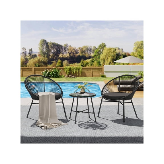 Studyset 3 Piece Patio Bistro Set,Outdoor Acapulco Chairs Set Of 2 With Glass Top Table,All Weather Modern Patio Chairs With Cushions,Outdoor Acapulco Patio Set Patio Conversation Bistro Set For
