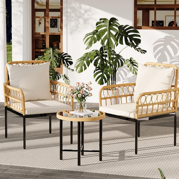 Studyset 3 Piece Wicker Patio Bistro Sets Outdoor Conversation Sets with Glass Top Side Table and 2 Modern Rattan Chairs,Patio Furniture Set,Space Saving for Apartment,Backyard,Porch,Balcony,Lawn