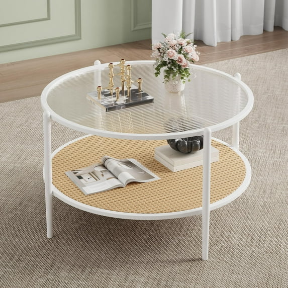 Studyset 30" Rattan Coffee Table,Round Water-Wave Glass Metal Center Table,2-Tier Round End Table with Storage,Modern Coffee Table,Farmhouse Circular Coffee Tables for Small Space,Living Room,Office