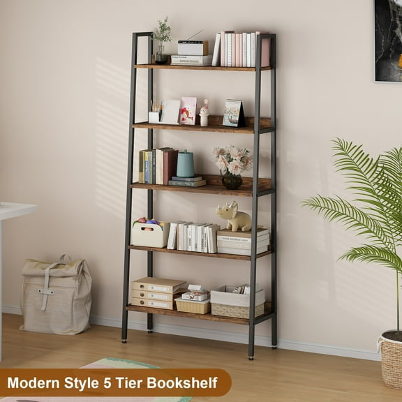 Studyset 31.5" x 11.8" x 66.9" Ladder Bookshelf, 5 Tier Bookcase, Industrial Free Standing Shelf, Home Office Storage Organizer with Metal Frame, Bookcase and Bookshelf