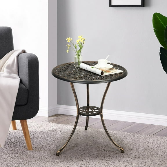 Studyset 36 Inch Patio Bistro Table,Bronze Cast Aluminum Bistro Table Cast Aluminum Bistro Table, Outdoor Round Patio Bistro Dining Table with Umbrella Hole for Poolside Backyard, Garden,