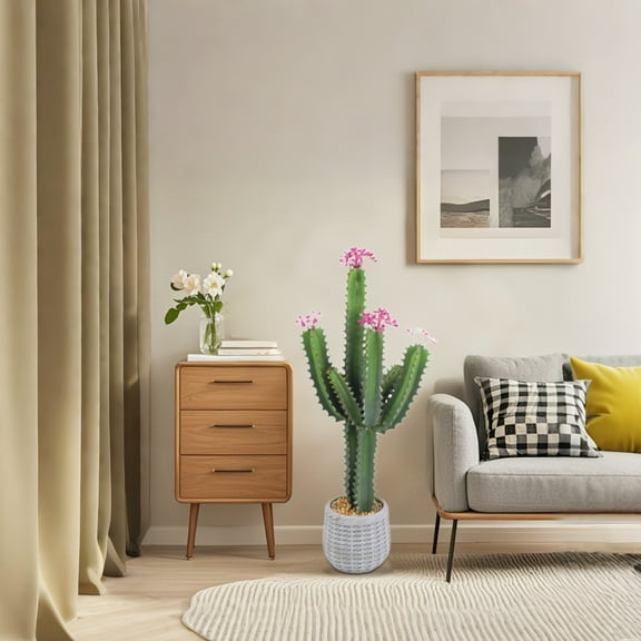 Studyset 36Inch Tall Artificial Cactus, Potted Faux Flowering Cacti Fake Plants, Realistic Faux Cactus With Planter, Lifelike Fake Cactus Plant For Foyer Porch Garden
