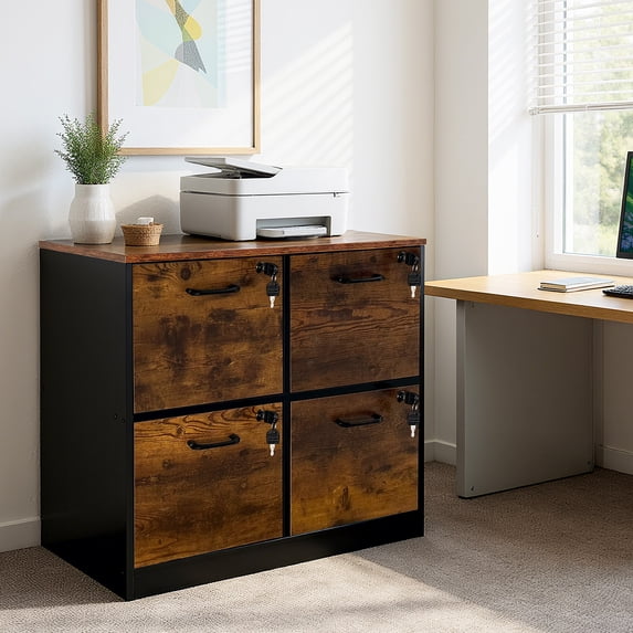 Studyset 4 Drawer File Cabinet with Lock, Locked File Cabinet with Key, Printer Stand, Office Filing Cabinet Organizer Wooden Filing Cabinets for Letter/A4/Files