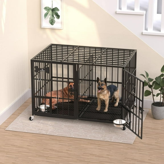 Studyset 42 Inch Dog Crate Double Door Cage,Dog Cage Kennel with Wheels,Extra Large Crate Indoor for Large Dog with Removable Tray,Double Door Dog Crate
