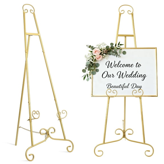 Studyset 46.5" Gold Easel Stand for Wedding Signs, Adjustable Welcome Sign Stand with Chain Support, 3-Level Height & Angle Metal Easel, Metal Floor Easels for Art, Posters, Paintings, Pictures