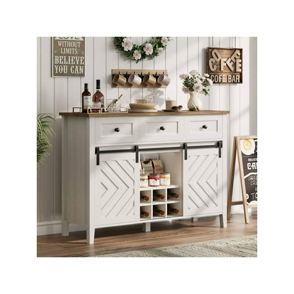 Studyset 47.2'' Farmhouse Buffet Cabinet With Sliding Barn Door,Rustic Sideboard With 3 Drawer,Removable Wine Rack,Rustic Storage Cabinet,Farmhouse Sideboard With Adjustable Shelf Table