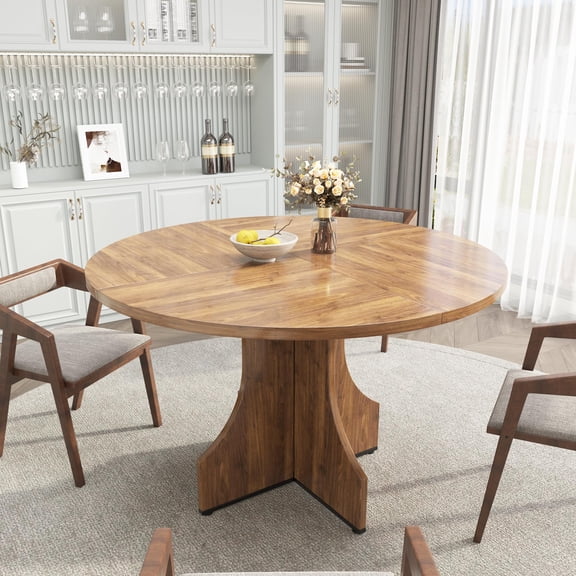 Studyset 47 Inch Round Dining Table for 4-6 People, Farmhouse Wood Circle Kitchen Table with Pedestal Base for Apartment, Breakfast Nook, Small Dining Room