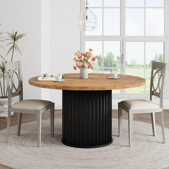 Studyset 47" Round Dining Table for 4-6 People, Dining Room Table with Sturdy Waveform Metal Pedestal Base, Farmhouse Circle Kitchen Table for Dining Roo