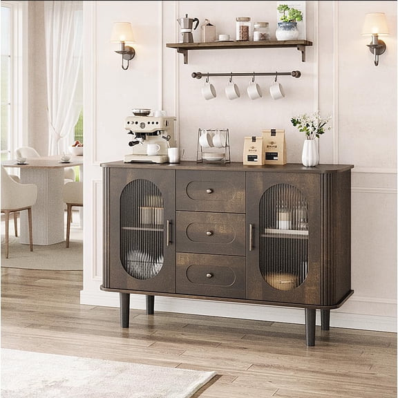 Studyset 47" Sideboard Buffet Cabinet with Fluted Glass Doors & 3 Drawers,Mid-Century Credenza Storage with Adjustable Shelves,Modern Coffee Bar Cabinet for Kitchen,Dining Room,Living Room