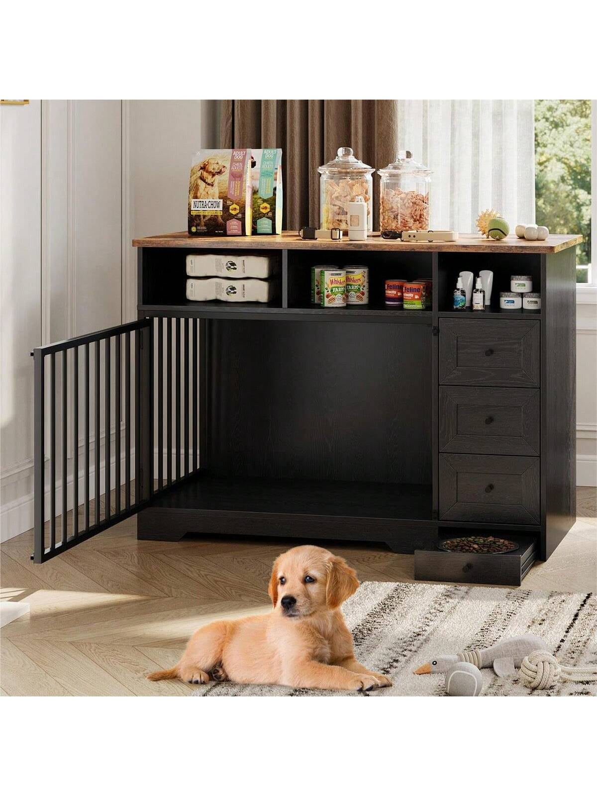 Studyset 48 Inch Dog Crate Furniture,Wooden Dog Kennel Indoor with Dog Bowl & Storage Drawers,Modern Pet Cage Side End Table,Heavy Duty Pet Crate Table for Medium Small Dogs for Living Room,Entryway