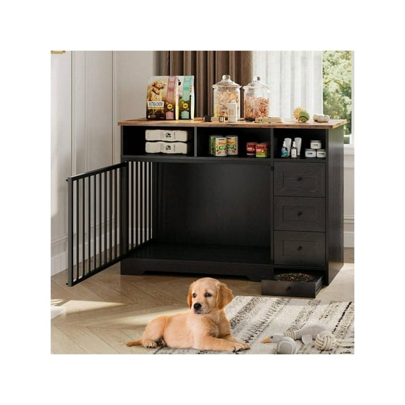 Studyset 48 Inch Dog Crate Furniture,Wooden Dog Kennel Indoor with Dog Bowl & Storage Drawers,Modern Pet Cage Side End Table,Heavy Duty Pet Crate Table for Medium Small Dogs for Living Room,Entryway