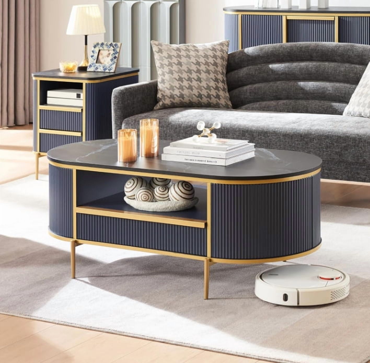 Studyset 48" Oval Coffee Table, Modern Luxury Coffee Table with Curved Profile Design, Fluted Center Table with Faux Marble Top and Gold Metal Decor, Center Table for Living Room, Home Office