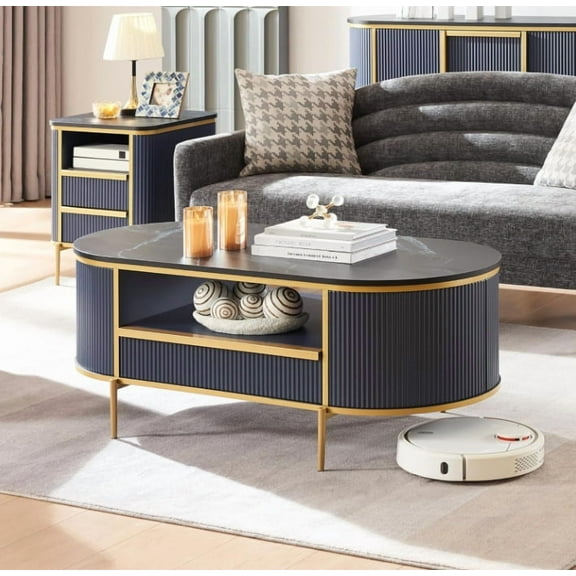 Studyset 48" Oval Coffee Table, Modern Luxury Coffee Table with Curved Profile Design, Fluted Center Table with Faux Marble Top and Gold Metal Decor, Center Table for Living Room, Home Office