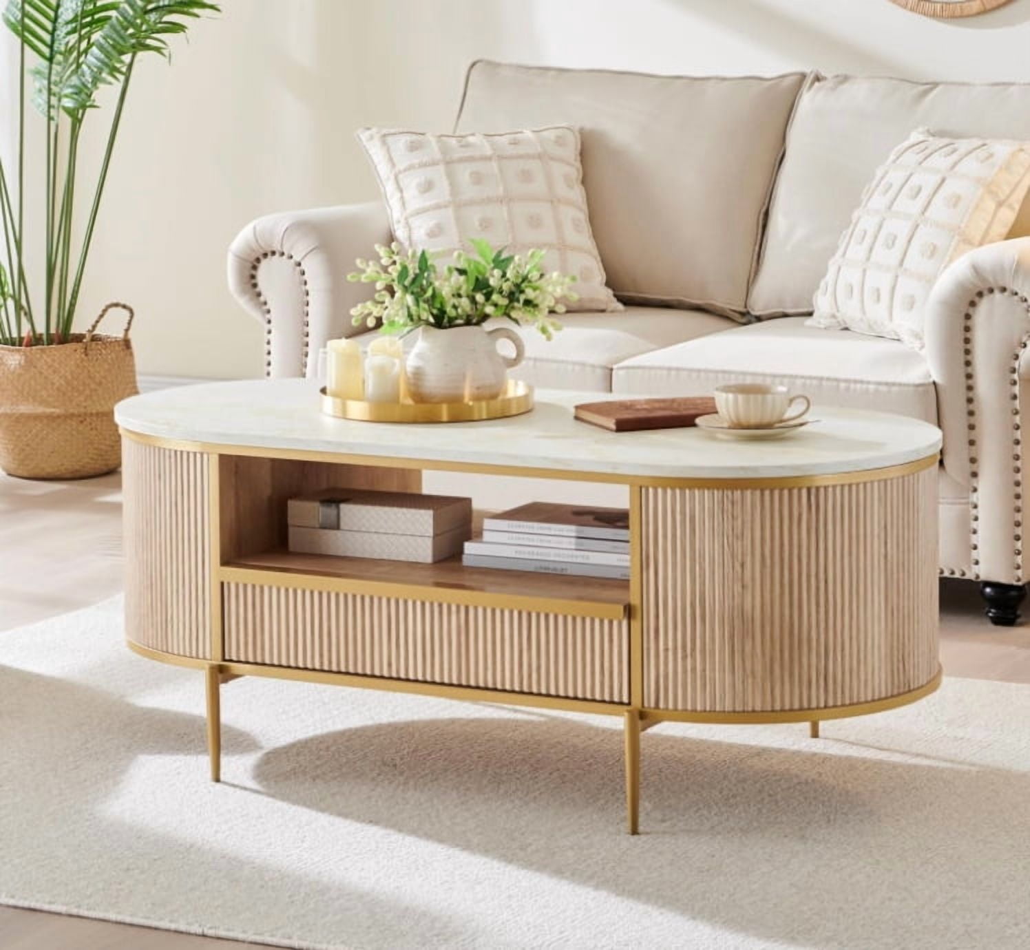 Studyset 48" Oval Coffee Table, Modern Luxury Coffee Table with Curved Profile Design, Fluted Center Table with Faux Marble Top and Gold Metal Decor, Center Table for Living Room, Home Office