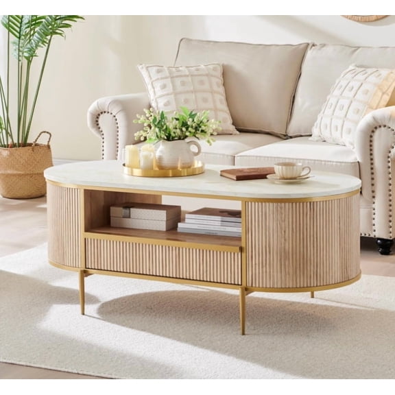 Studyset 48" Oval Coffee Table, Modern Luxury Coffee Table with Curved Profile Design, Fluted Center Table with Faux Marble Top and Gold Metal Decor, Center Table for Living Room, Home Office