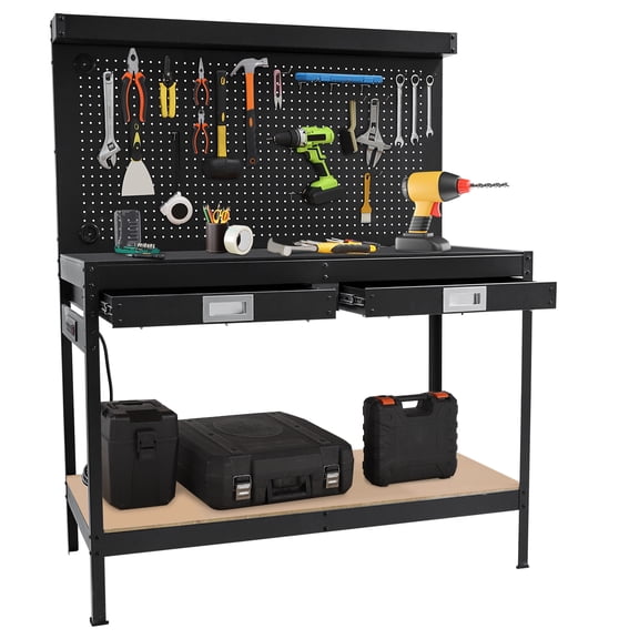 Studyset 48" Work Bench, Work Table with Pegboard, 2-Tier Heavy Duty Workstation with Power Outlet, Pegboard & Shelf, Hanging Accessories, Topping Space, Multifunctional Metal Tool Storage Bench