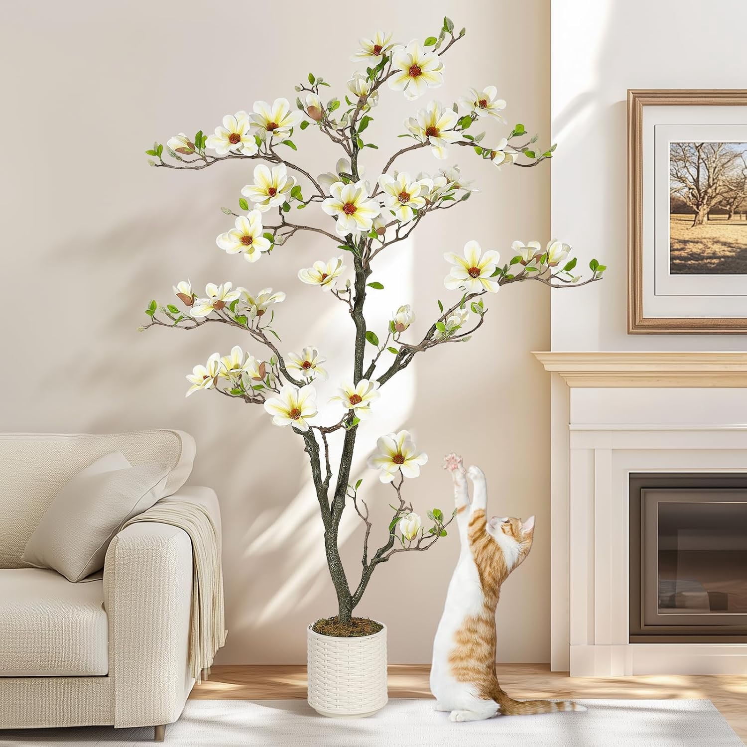 Studyset 4FT Faux Southern Magnolia Plants Yellow Flowered Magnolia for Yard Patio Home Office Arrangement Dr Artificial Magnolia Tree with 66 Realist Touch Flowers 72 Vivid Leaves White Pot Dry Mosse