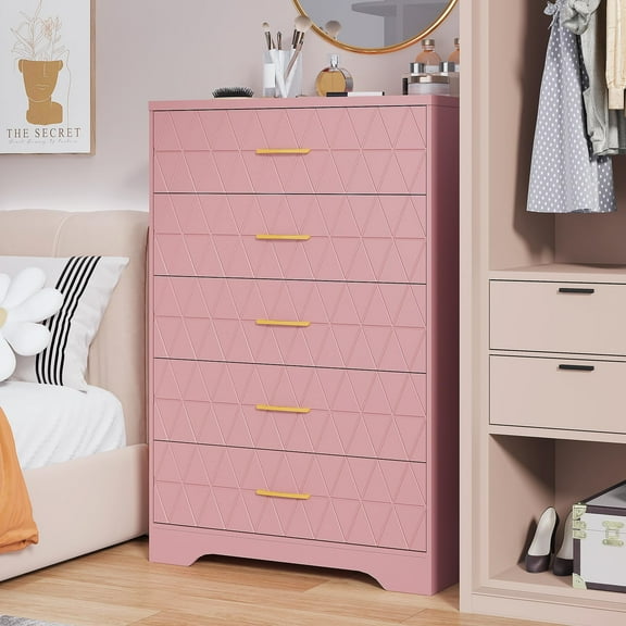 Studyset 5 Drawer Tall Wood Dresser for Bedroom, Wood Storage Cabinet, Wooden Dresser, Wooden Chest of Drawers with Gold Handles for Closet, Modern Storage Cabinet and Organizer Drawers