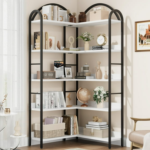 Studyset 5-Tier Corner Bookshelf with Arched Metal Frame, Open Shelf Book Display Rack， Industrial L-Shaped Bookcase with Wood and Metal Open Storage Bookcase for Living Room
