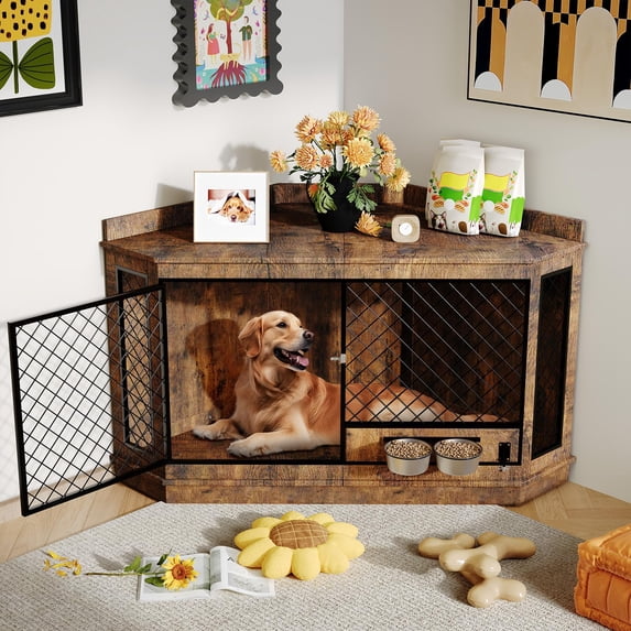Studyset 52Inch Corner Dog Crate Furniture with Rotary Feeder ...