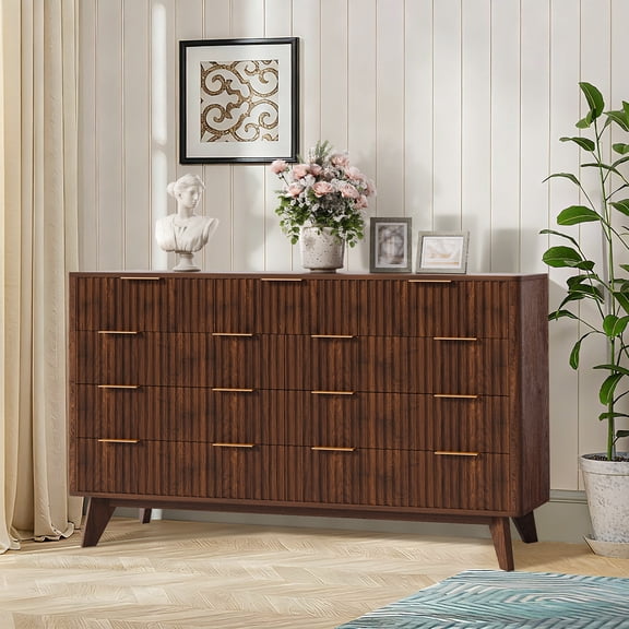 Studyset 54" Wide 9 Drawer Dresser, Wooden Chest of Drawers with Fluted Wave Pattern, Metal Handles, Modern TV Stand Dresser, Wood Drawer Organizer for Living Room, Hallway