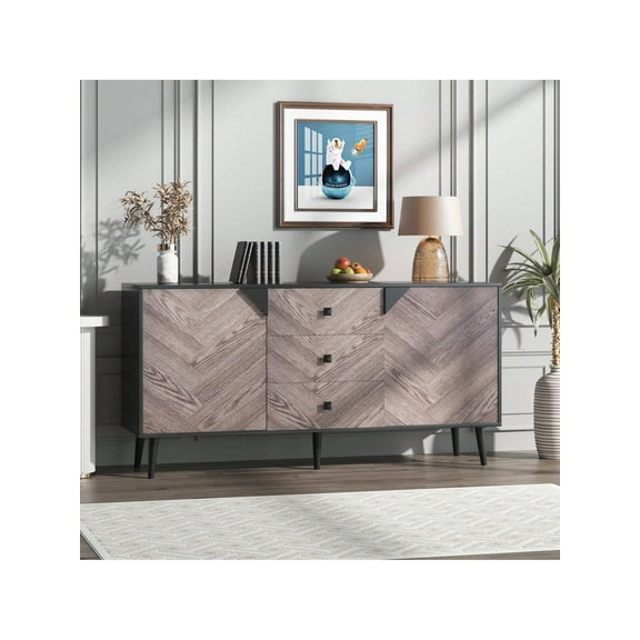 Studyset 55.1 Inch 3 Drawer Storage Cabinet With Adjustable Shelf & Doors, Wood Coffee Bar Modern Sideboard Buffet Cabinet With Storage,Free Standing Accent Cabinetry Accent Cabinet