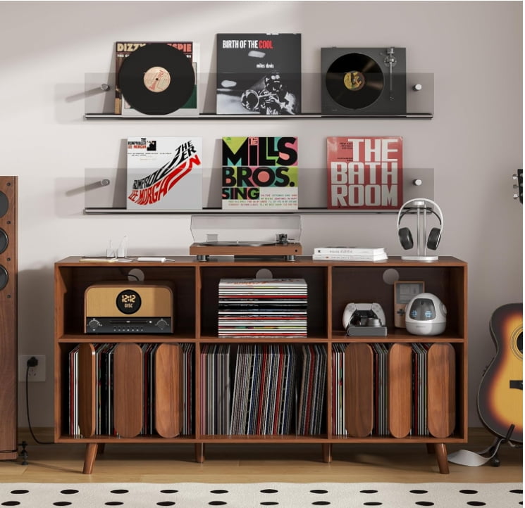 Studyset 55" Large Record Player Stand | Mid-Century Modern Wood Media Console with Charging Station | Vinyl Record Storage Cabinet with 2 USB Ports, Open Shelves & Turntable Holder