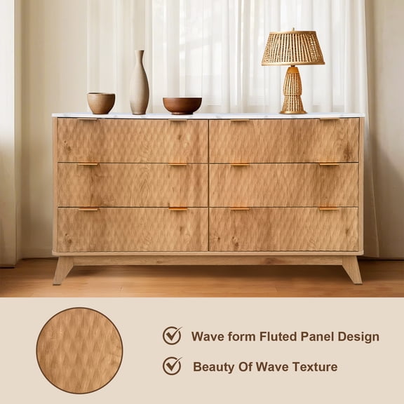 Studyset 6 Drawers Dresser with Faux Marble Top, Bedroom Chest of Dresser, Drip Pattern, TV Stand, Wood Closet Clothes Storage Organizer for Bedroom, Living Room, Hallway